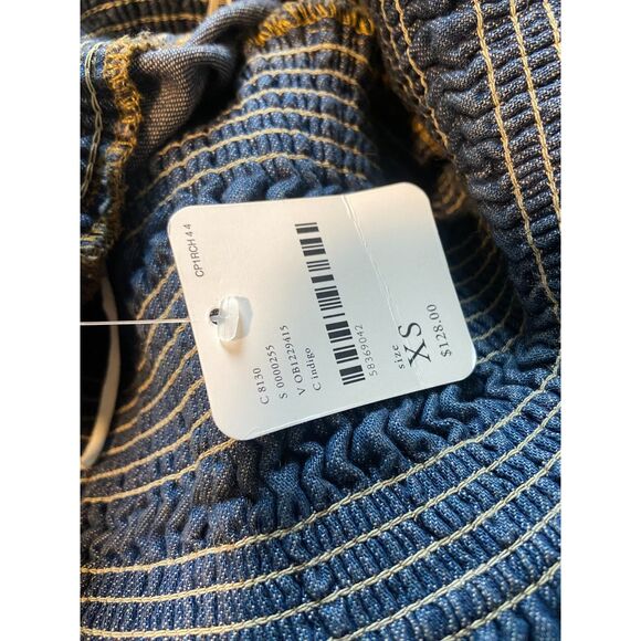 NWT Free People "This is Everything" baby doll Tie smocked Denim Mini Dress XS - Picture 8 of 9